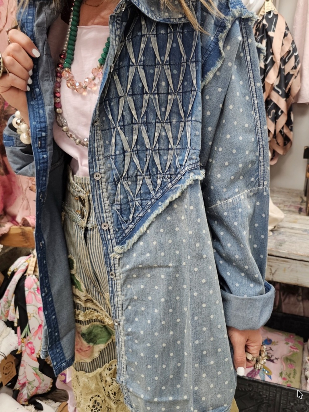A Rare Bird Light Wash Button Down Polka Dot Frayed Denim Shirt - Picture 4 of 4